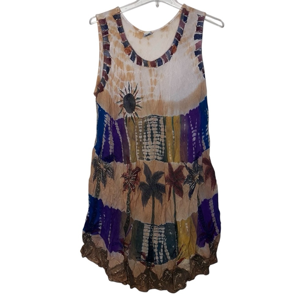 Shoreline Crepe Sundress Cover Up Beachwear Sun Palm Trees Embroidered OSFM